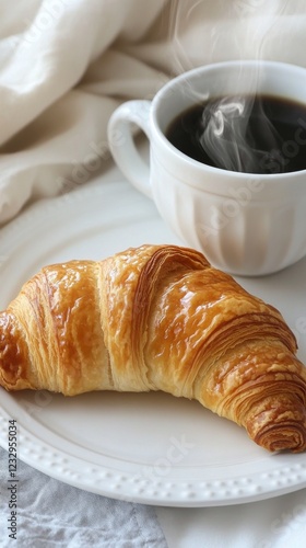 Warm croissant served with steaming coffee on a cozy morning at home
