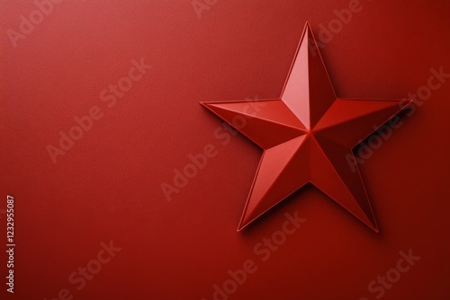 Red star sculpture against a vibrant red background with geometric design ele...