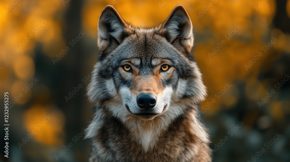 Portrait of a wild wolf staring intensely in a beautiful autumn forest Portrait of a wild wolf staring intensely in a beautiful autumn forest