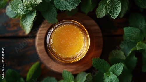 Refreshing mint tea in a glass jar surrounded by vibrant green leaves on a wo...