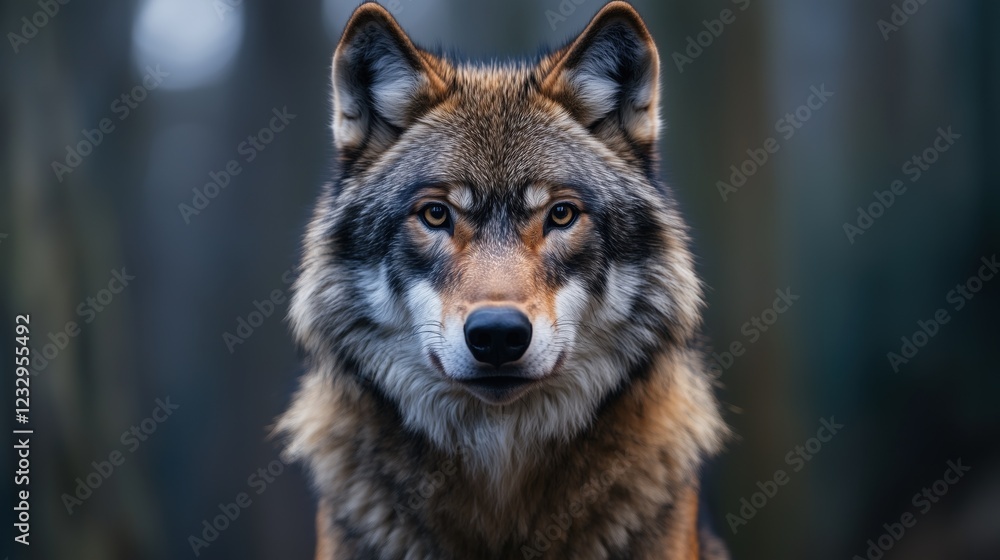 Eurasian wolf staring intensely with piercing eyes in a blurred forest background, conveying power and wildness Eurasian wolf staring intensely with piercing eyes in a blurred forest background, conveying power and wildness