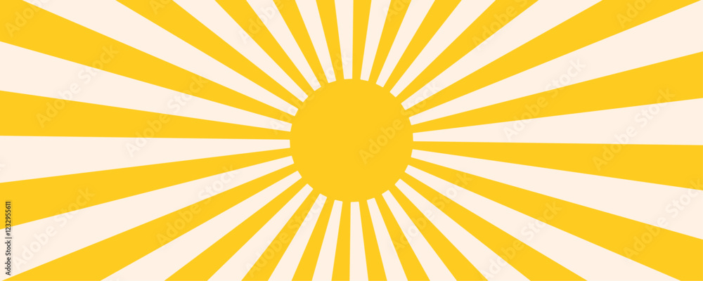 Fototapeta premium Groovy retro sun. Sunburst, sun light rays pattern on yellow background. Abstract radial lines stripes retro wallpaper for poster, banner, advertising, comic book or circus ticket.
