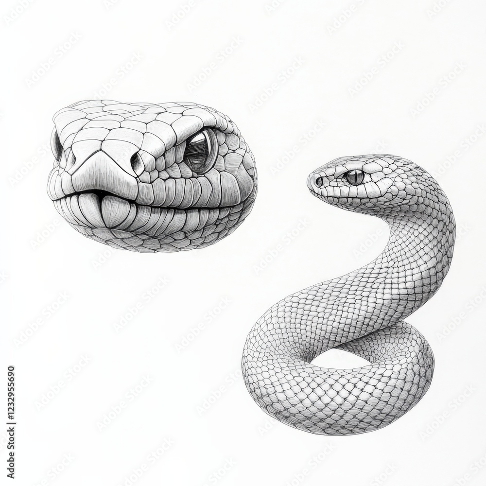 Fototapeta premium detailed drawing of a snake head and a coiled snake