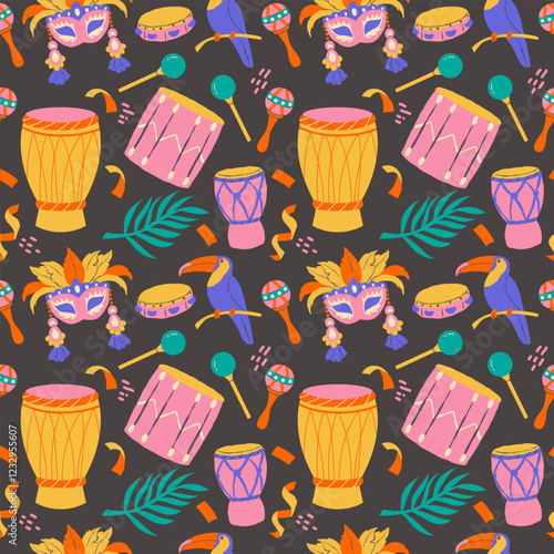 Seamless Brazilian Carnival pattern on dark background