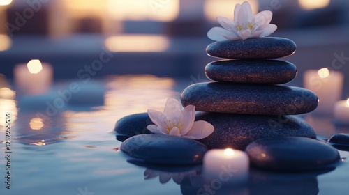 Stacked stones create a serene atmosphere near a tranquil water surface in a ...