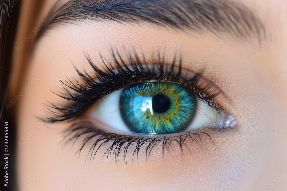 Close-up of a womana??s vivid oceanic turquoise eye, with striking detailing and fine textures within the iris, captured in Close-up of a womana??s vivid oceanic turquoise eye, with striking detailing and fine textures within the iris, captured in
