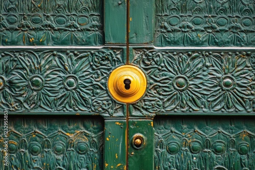 Intricate green door with yellow knob showcasing unique artistic design elements