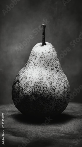 Ripened pear with speckled skin placed on a dark surface with soft lighting
