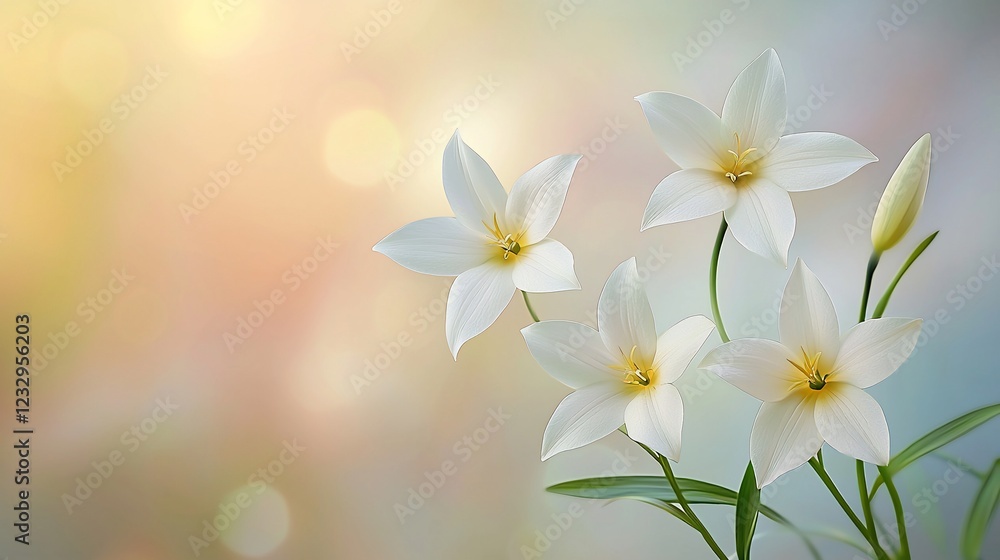Fototapeta premium Delicate White Flowers Blossom Softly Against Blurred Background