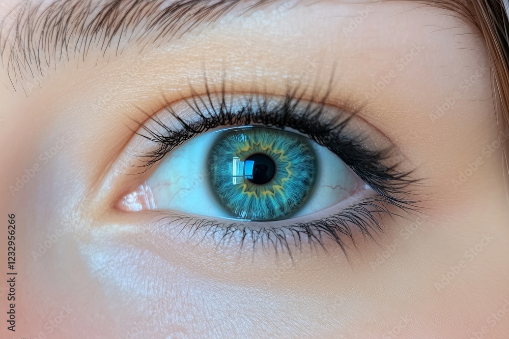 Obraz premium Close-up of a womana??s vibrant turquoise-blue eye, showing the sharp contrast between the iris and pupil, with fine detailing in the iris, captured in