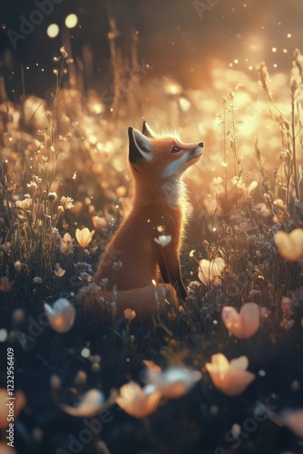Fox silhouetted in a magical golden glow among glowing flowers at dusk