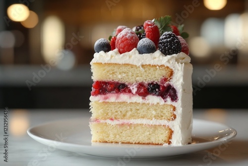 Delicious layered cake with fresh fruits served on a white plate in a bright ...