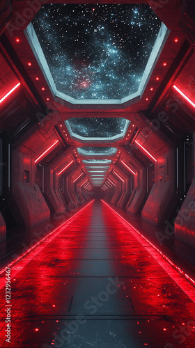Futuristic corridor illuminated by red lights with a celestial view in the ceiling