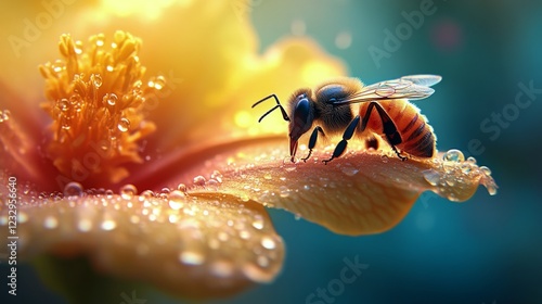 Bee collecting nectar from a pink flower in the early morning light with dew ...