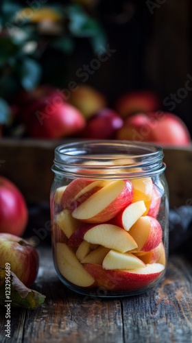 Delicious homemade apple slices preserved in a glass jar on a rustic wooden t...