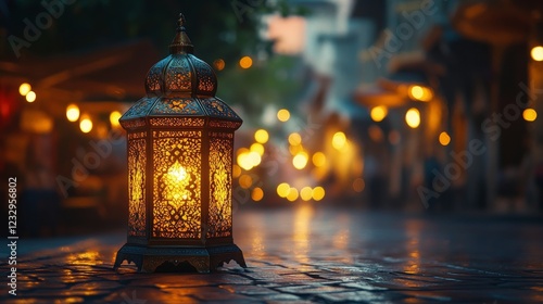 Decorative lantern illuminating a quiet street during evening hours in a hist...