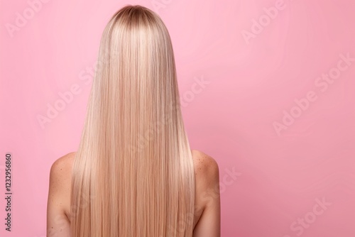 Back view of blonde woman, long sleek straight hair, natural shine, isolated on soft pink background, radiant and elegant look, minimalistic hairstyle concept, stylish and polished.

