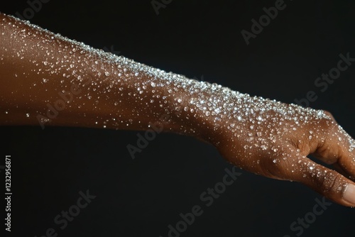 Sparkling water droplets glisten on a hand under black background during a cr...