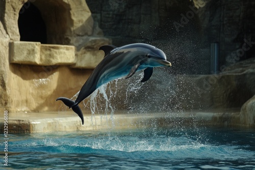 Dolphin leaps above water at marine park during afternoon show