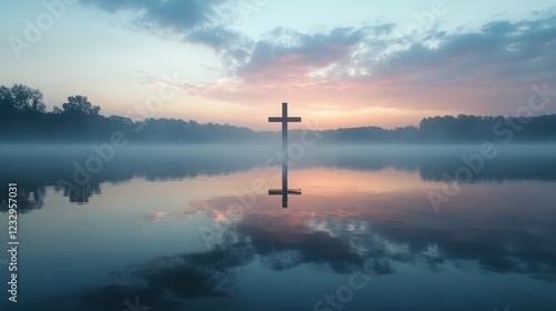 Serene sunset reflecting on water with a cross in the foreground near mountains