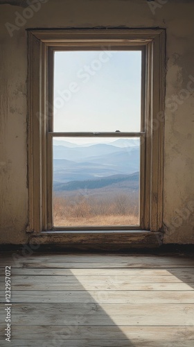 View from an old window showcasing rolling hills and mountains under a clear ...