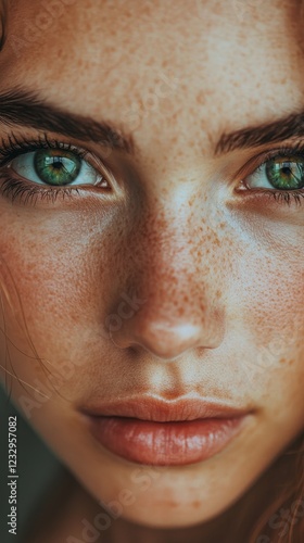 Stunning close-up of a young woman's face featuring vibrant green eyes and fr...