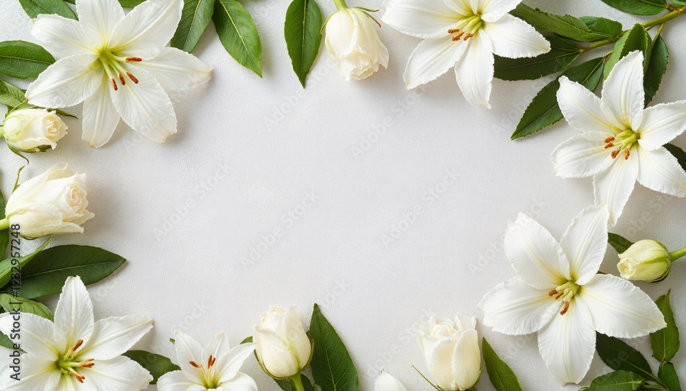 Elegant memorial wreath arrangement with white lilies and roses, tribute Elegant memorial wreath arrangement with white lilies and roses, tribute