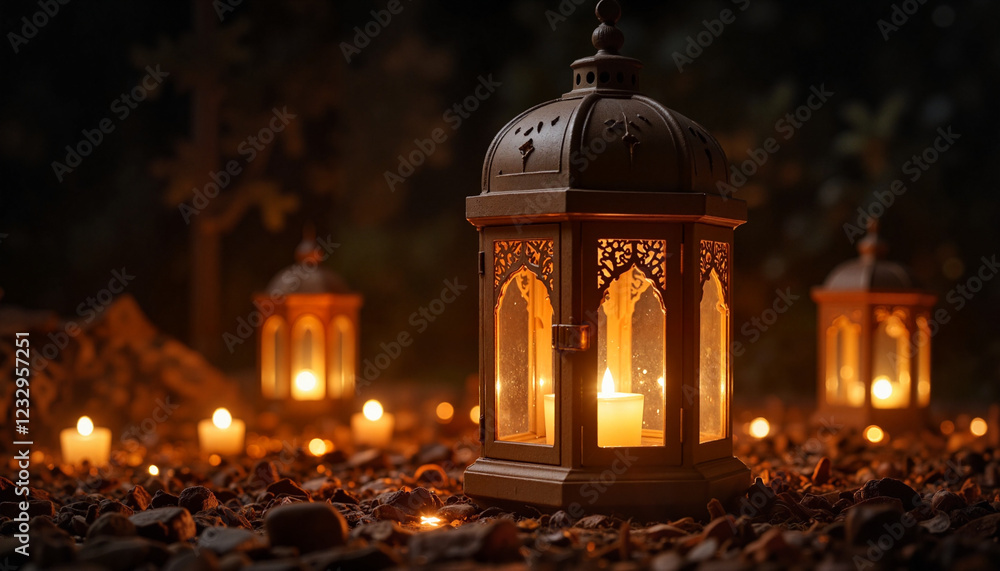 Fototapeta premium Glowing Ramadan lanterns illuminating soft candlelight at night, serenity
