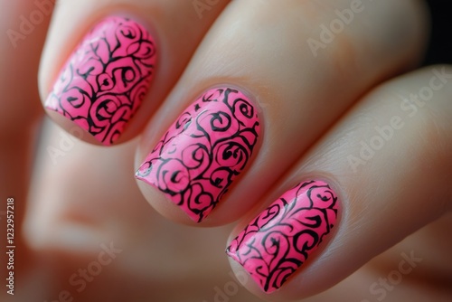 Vibrant pink nail art with intricate swirls displayed on a hand in a casual s...