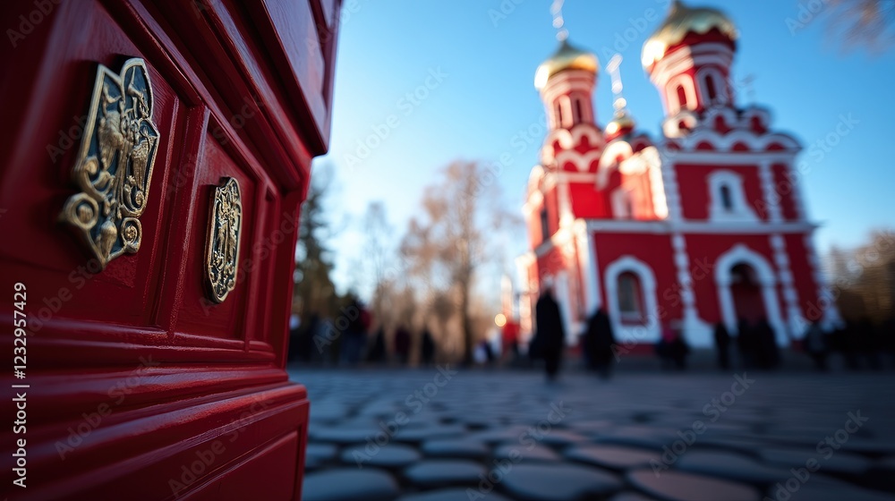 Fototapeta premium Red church, coat of arms, city square, worshippers