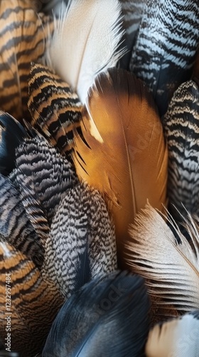 Colorful feathers create a vibrant texture and pattern in a close-up view of ...