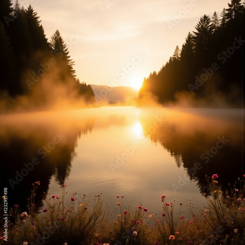 A picturesque landscape depicting a sunrise or sunset over a calm lake surrounded by a dense forest. The mist gently floats over the water, creating a mysterious, ethereal atmosphere. In the foregroun photo