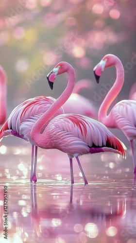 Vibrant flamingos wade through calm waters under blooming cherry blossoms at ...