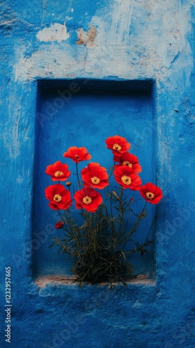 Vibrant red flowers in blue planter against bright blue wall decor in outdoor...