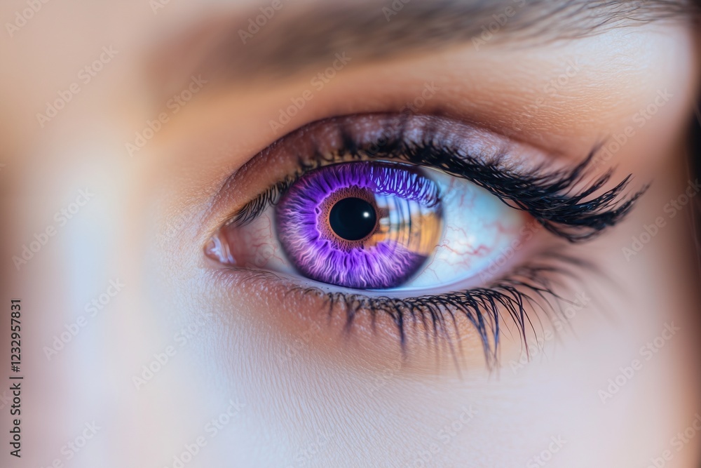 Close-up of a womana??s brilliant amethyst eye, showcasing rich detailing and vivid reflections within the iris, captured in Close-up of a womana??s brilliant amethyst eye, showcasing rich detailing and vivid reflections within the iris, captured in