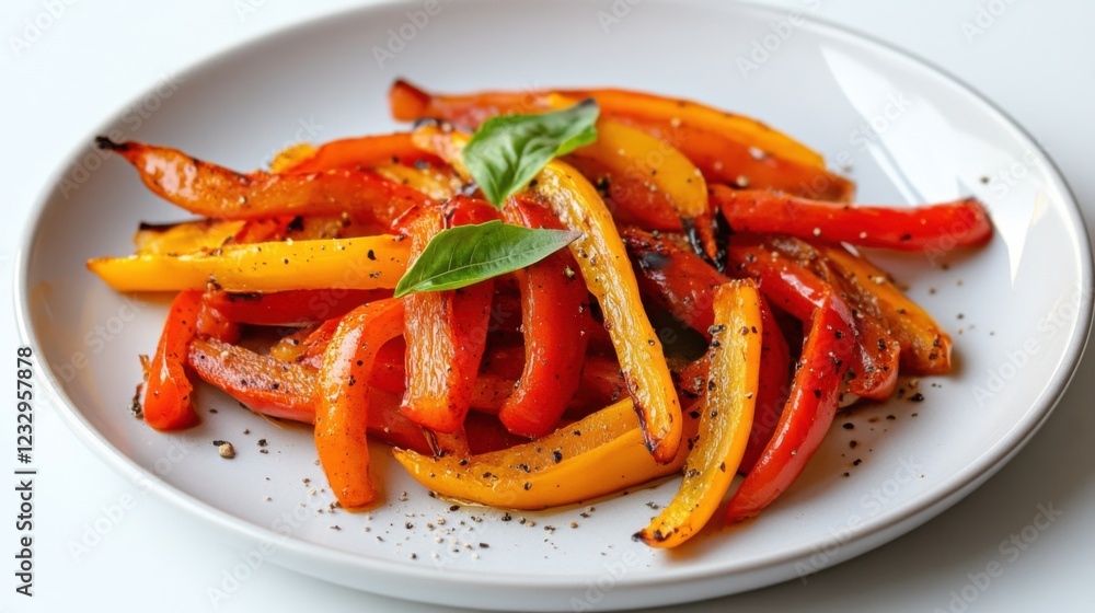 A simple serving of roasted bell pepper strips, lightly seasoned and neatly arranged on a plain white ceramic plate, Bell pepper strips centered A simple serving of roasted bell pepper strips, lightly seasoned and neatly arranged on a plain white ceramic plate, Bell pepper strips centered
