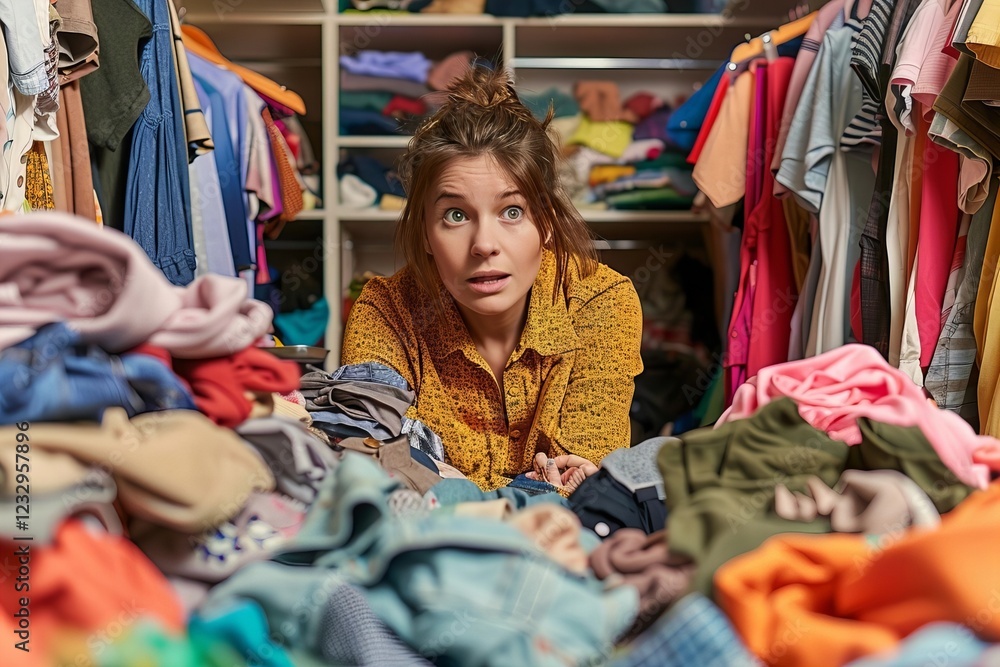 woman sorting through clothes in a cluttered closet, deciding what to keep, donate, or discard. woman sorting through clothes in a cluttered closet, deciding what to keep, donate, or discard.