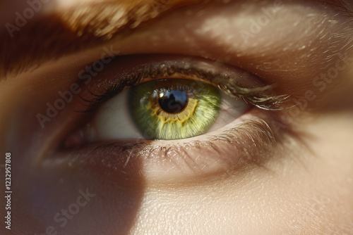 Close-up of a womana??s bright light green eye, with vibrant detailing and smooth transitions in the iris, captured in ultra HD photo