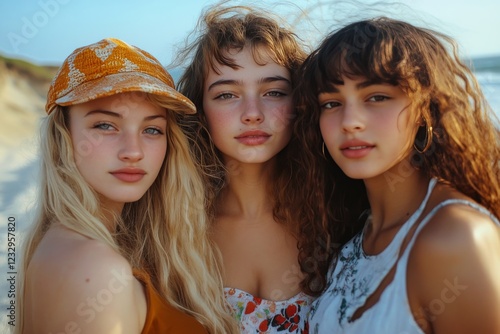 Friends enjoying a sunny day at the beach with golden sand and clear blue skies