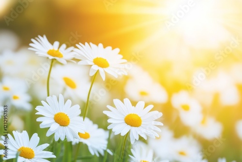 Bright sun shining over a field of daisies during golden hour