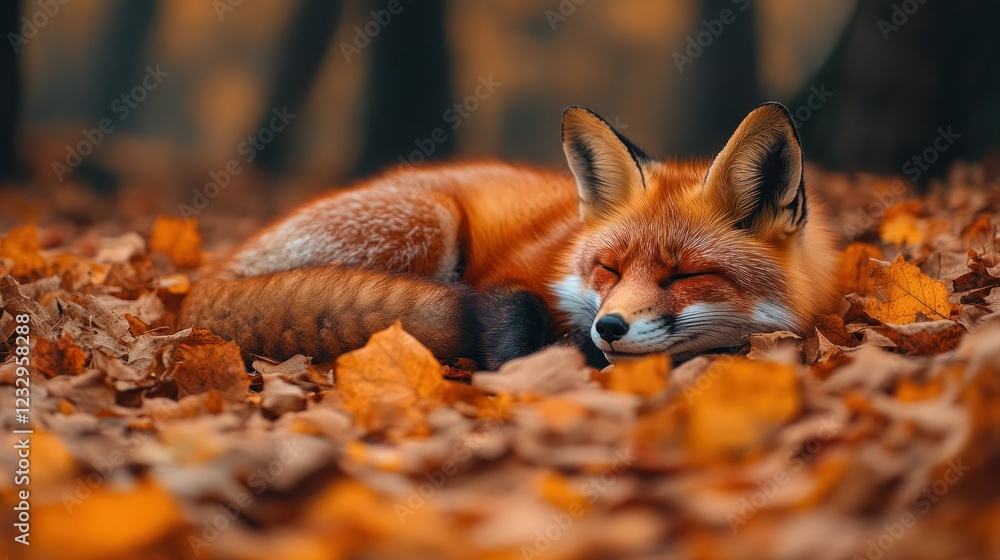 Obraz premium Red fox sleeping autumn leaves forest nature