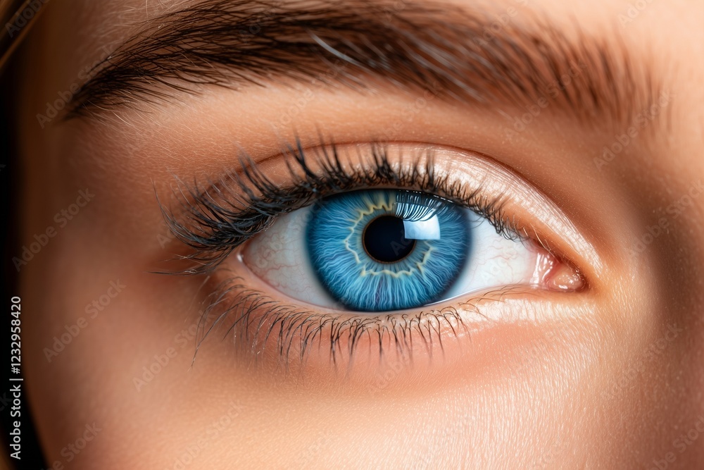 Close-up of a womana??s bright cyan blue eye, showing sharp contrast between the iris and pupil with fine texture details, captured in Close-up of a womana??s bright cyan blue eye, showing sharp contrast between the iris and pupil with fine texture details, captured in