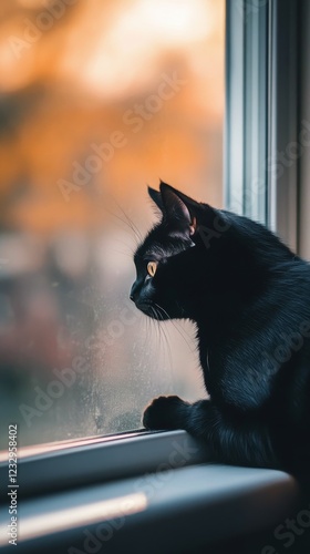 Black cat gazing out of a window in a cozy indoor setting during a rainy day