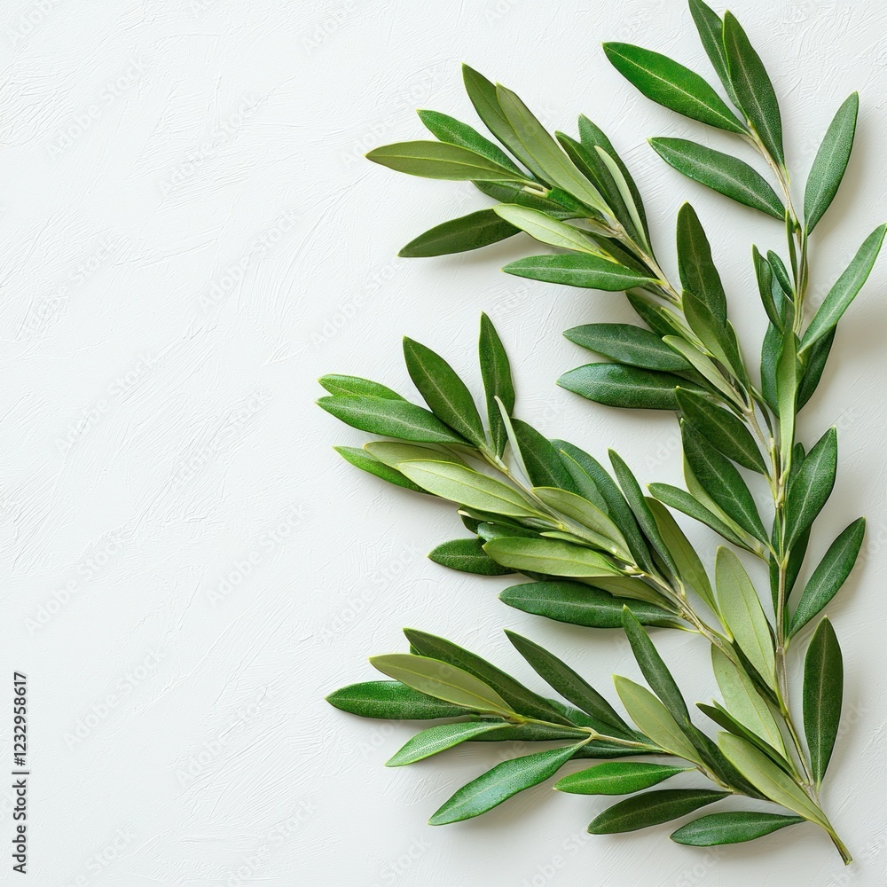 Fototapeta premium Olive branches on white textured background for design mockup