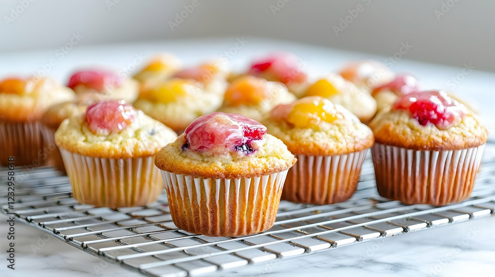 Fresh fruit muffins cooling on rack, kitchen background Fresh fruit muffins cooling on rack, kitchen background