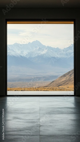 View from an old window showcasing rolling hills and mountains under a clear ...