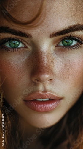 Stunning close-up of a young woman's face featuring vibrant green eyes and fr...