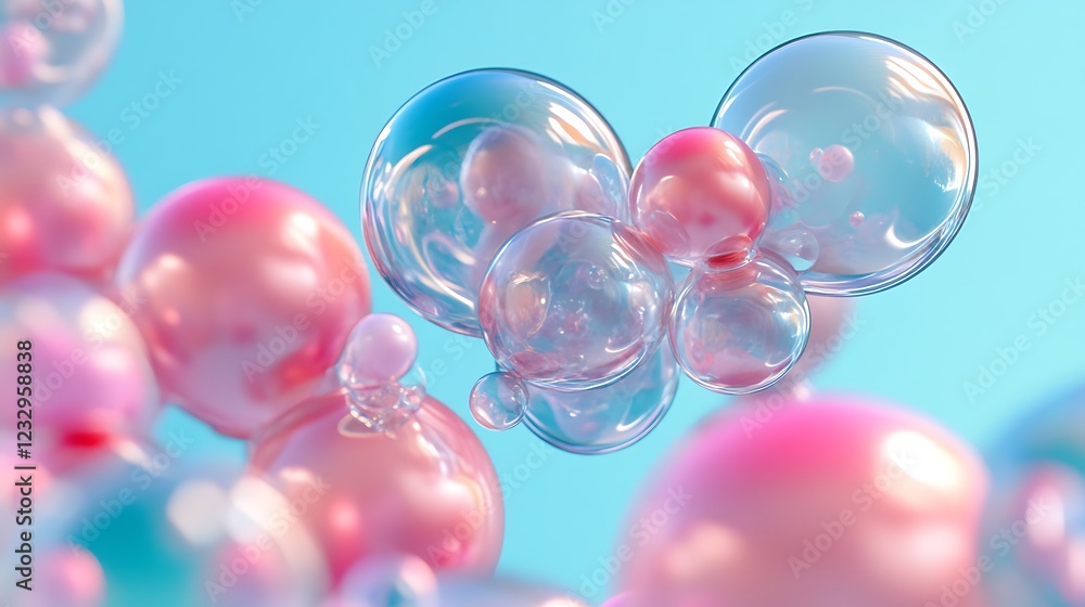Pink and blue translucent spheres float in a dreamy scene Pink and blue translucent spheres float in a dreamy scene