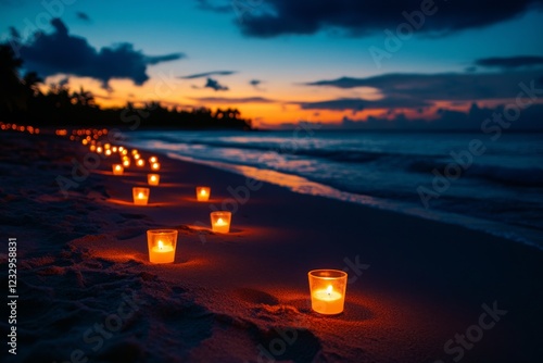 Candles illuminating a tranquil beach at twilight creating a serene atmosphere
