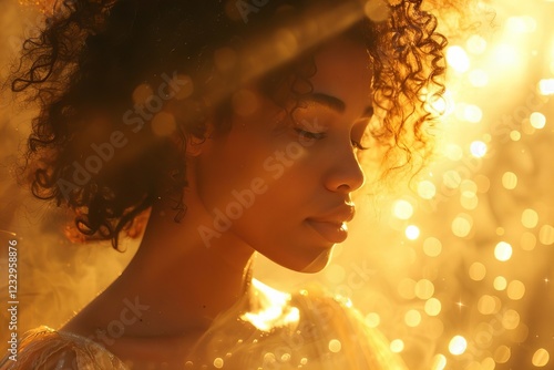 African American woman in prayer, seeking God, surrounded by light in her home.